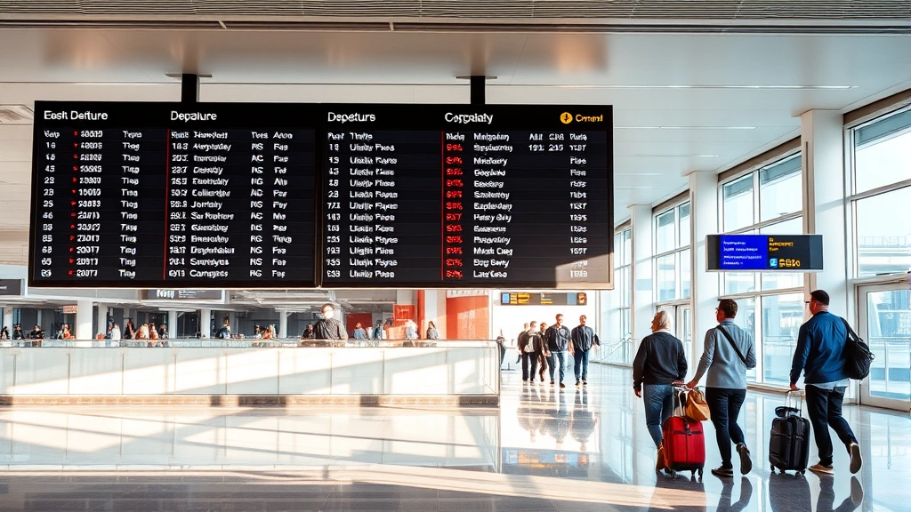 Busy departure board in modern airport terminal showing multiple flight destinations and times, travelers with luggage walking through sleek contemporary airport corridor with natural light