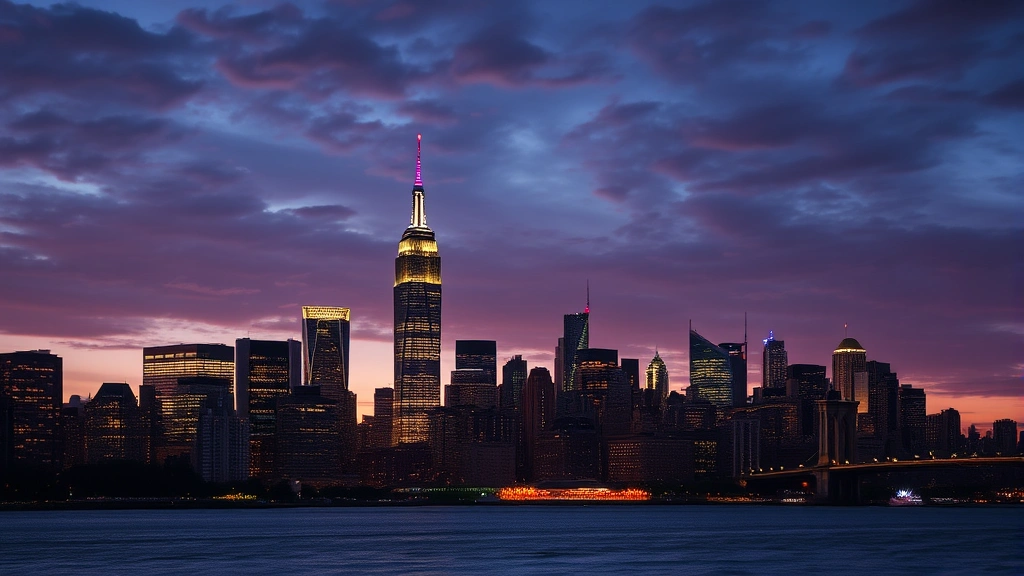 Manhattan New York City skyline at dusk with Empire State Building and One World Trade Center illuminated, Hudson River in foreground, dramatic evening sky and city lights