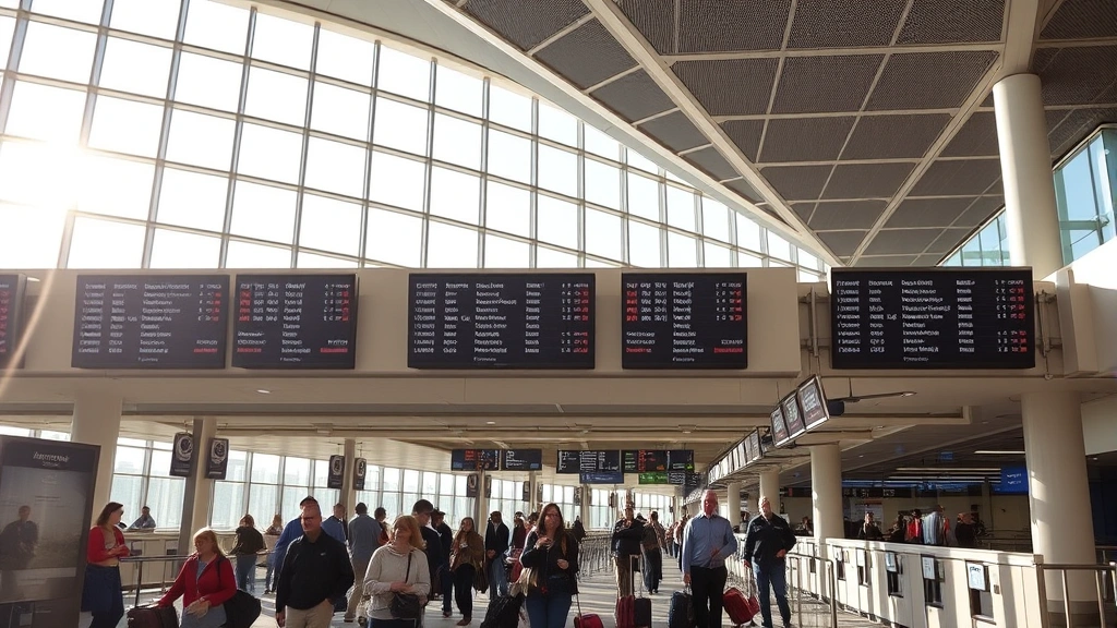 Hartsfield-Jackson Atlanta airport terminal interior with modern architecture, travelers with luggage, departure boards displaying flight information, natural sunlight streaming through windows