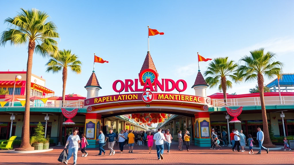 Colorful Orlando theme park entrance area during daytime with excited families, bright attractions, palm trees, clear blue sky, vibrant vacation atmosphere
