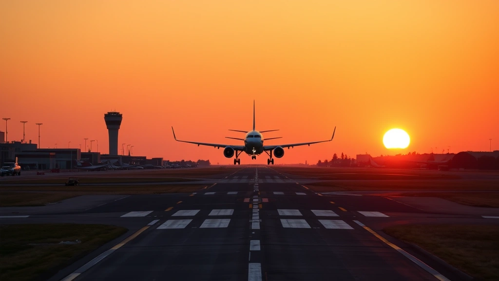 Hartsfield-Jackson Atlanta International Airport runway at sunset with commercial aircraft landing, clear sky, professional aviation photography