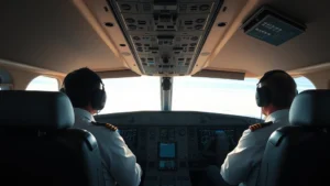 Modern commercial aircraft cockpit interior with pilots during flight operations, sunlit windows showing sky, realistic professional aviation environment