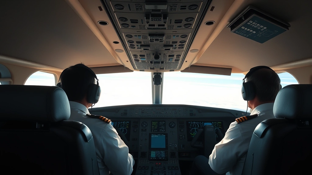 Modern commercial aircraft cockpit interior with pilots during flight operations, sunlit windows showing sky, realistic professional aviation environment