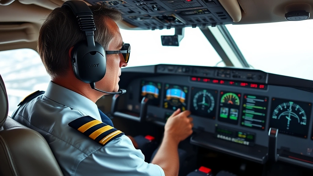 Pilot in commercial aircraft cockpit wearing headset, monitoring flight instruments and displays, detailed avionics visible, professional aviation environment