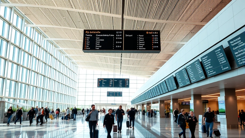 Hartsfield-Jackson Atlanta International Airport terminal interior with passengers, departure boards, and modern architecture, daytime natural lighting