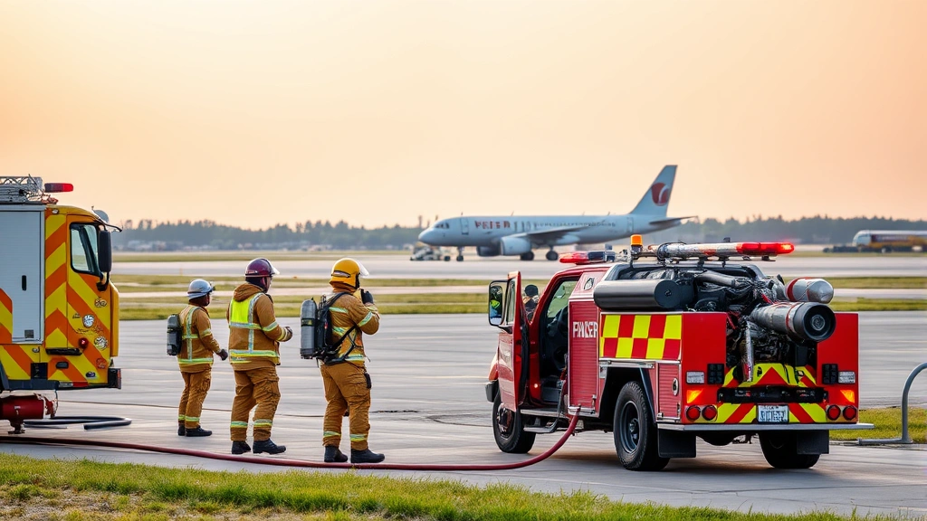 Emergency response team with specialized firefighting equipment positioned near airport runway, trained personnel in action, modern safety equipment visible