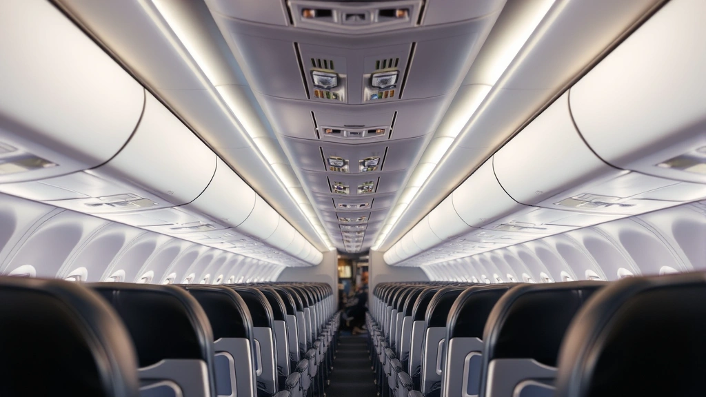 Commercial airplane cabin interior during cruise flight, rows of seats, overhead compartments, aisle view, realistic passenger aircraft environment