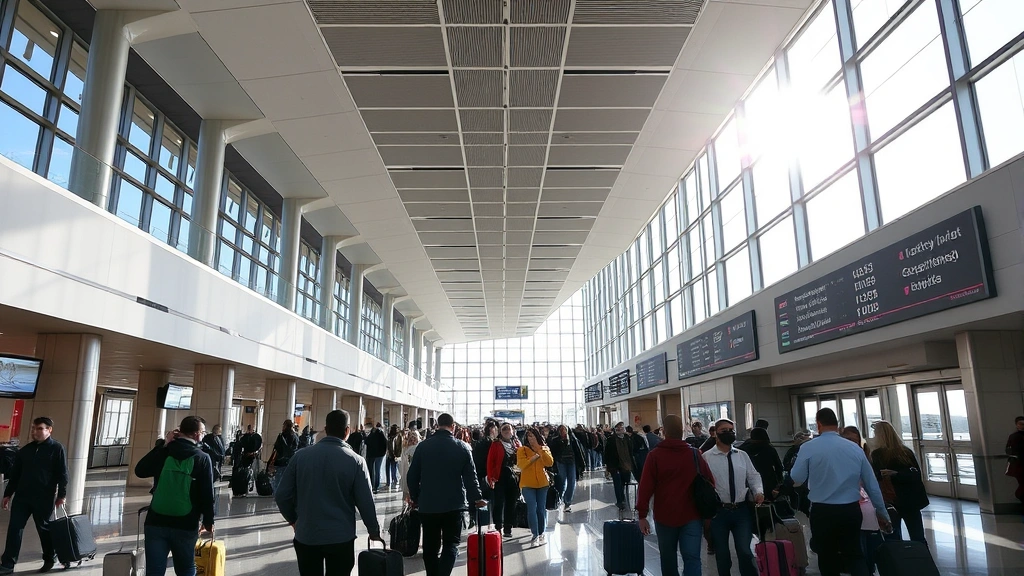 Hartsfield-Jackson Atlanta International Airport departure hall with modern architecture, travelers with luggage, bright daylight streaming through windows, bustling atmosphere