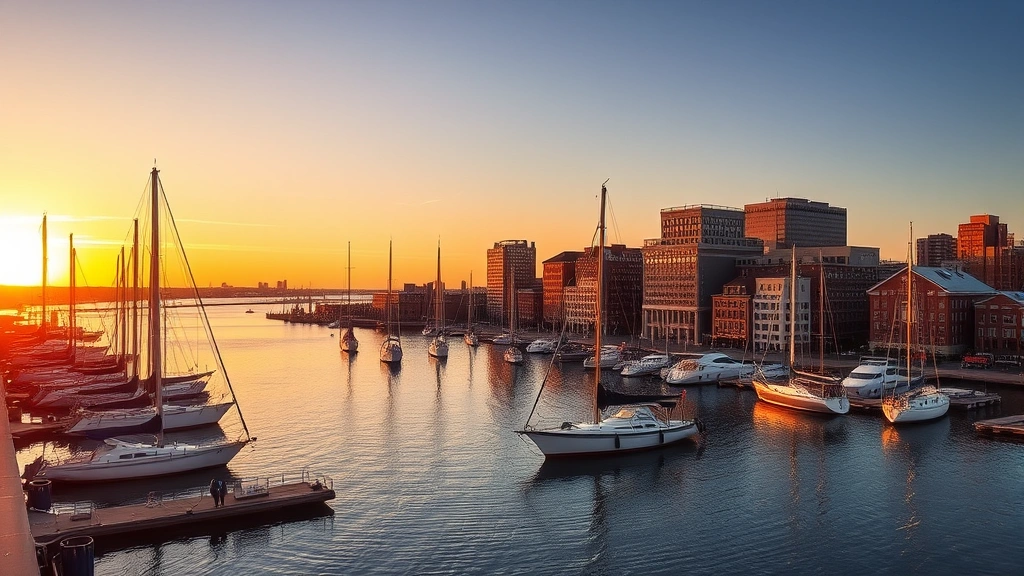 Historic Boston Harbor with sailboats and waterfront buildings at sunset, reflecting golden light on calm water, New England coastal scenery