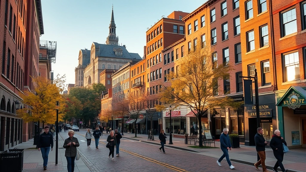Boston's Freedom Trail winding through historic downtown streets with brick buildings and autumn foliage, golden hour lighting, pedestrians exploring