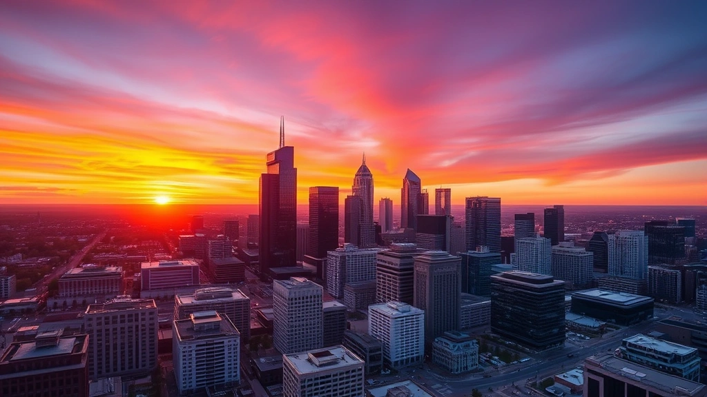 Aerial view of Dallas skyline at sunset with modern skyscrapers glowing, downtown cityscape with distinctive architecture, vibrant orange and purple sky colors, aerial photography perspective showing the urban landscape