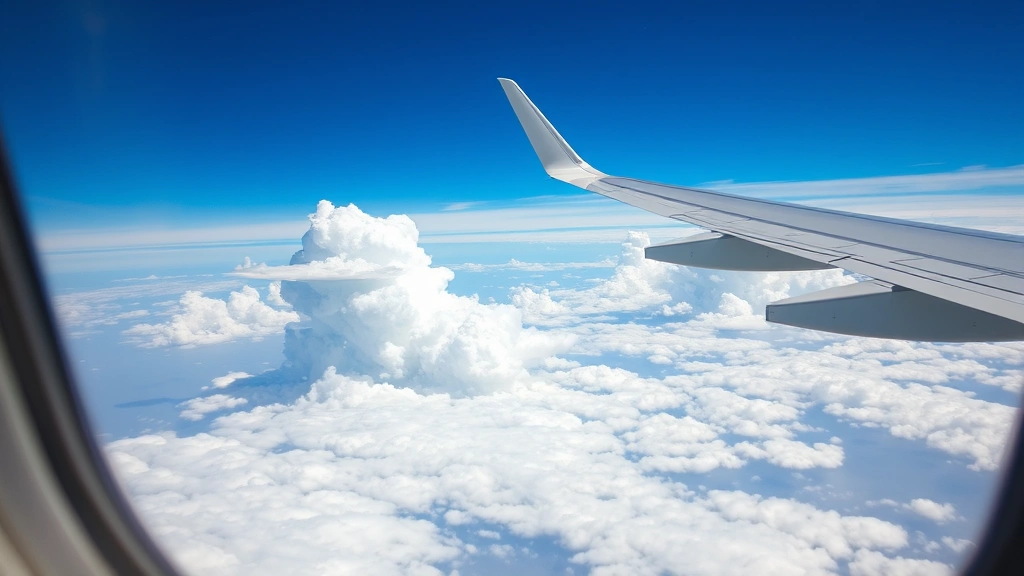 Close-up of airplane window view during flight showing clouds below and wing of aircraft, blue sky and white clouds creating peaceful flight atmosphere, natural lighting capturing the journey between Atlanta and Dallas