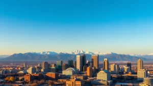 Aerial view of Denver skyline with Rocky Mountains in background, snow-capped peaks, modern downtown buildings, clear blue sky, golden hour lighting, landscape orientation
