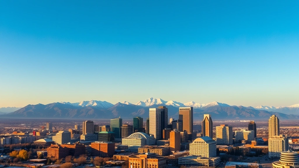 Aerial view of Denver skyline with Rocky Mountains in background, snow-capped peaks, modern downtown buildings, clear blue sky, golden hour lighting, landscape orientation