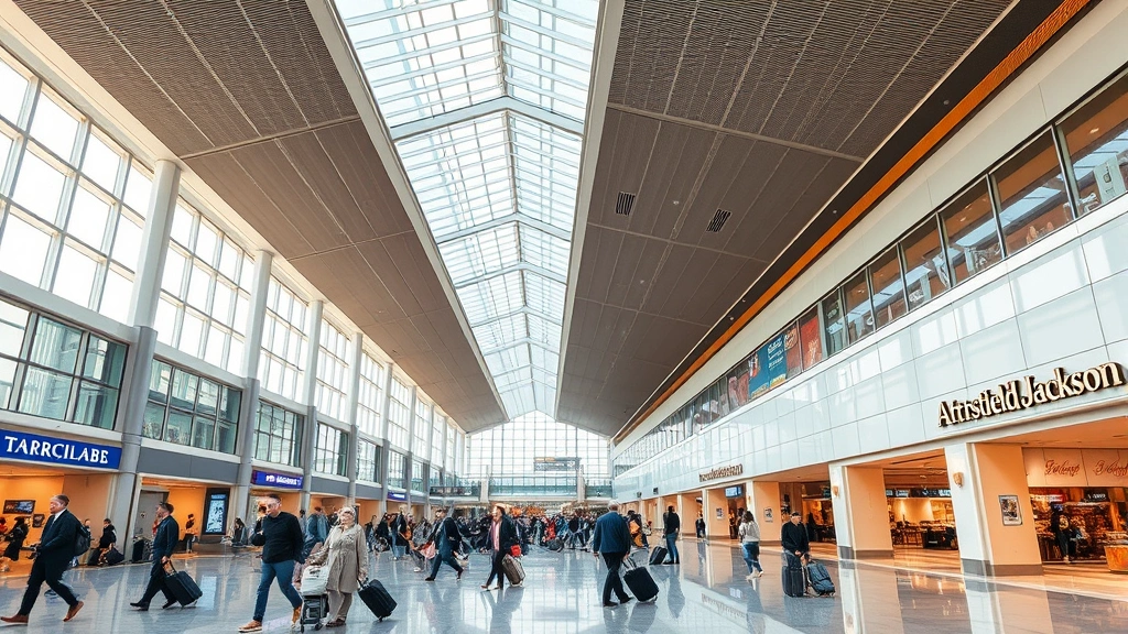 Hartsfield-Jackson Atlanta International Airport interior with modern architecture, travelers with luggage, natural lighting from skylights, bustling terminal concourse with retail shops and restaurants visible