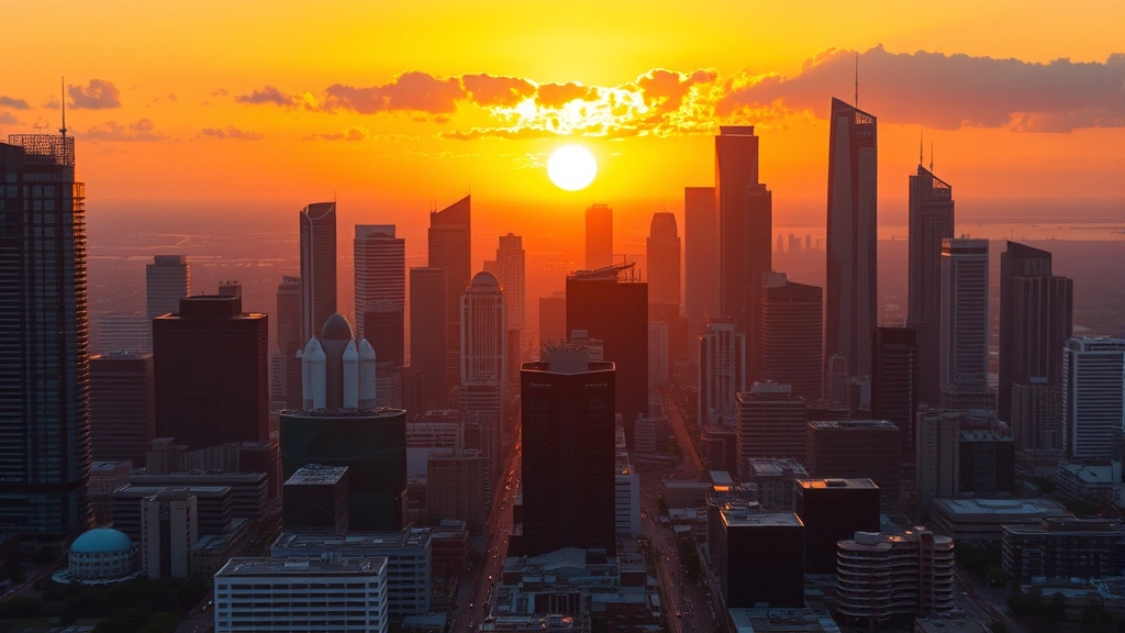Houston skyline at sunset with Space Center Houston visible in distance, modern skyscrapers reflecting golden hour light, diverse urban landscape showing Texas urban development and energy