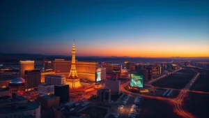 Aerial view of Las Vegas skyline at dusk with bright neon lights and casinos, desert landscape surrounding the city, professional travel photography
