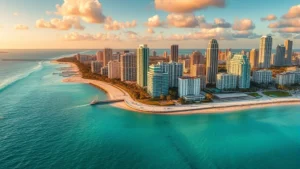 Aerial view of Miami skyline with turquoise ocean, Art Deco hotels, and palm trees, golden hour lighting, photorealistic