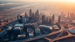 Aerial view of Atlanta skyline with Hartsfield-Jackson International Airport runways visible, morning sunlight illuminating downtown Atlanta towers and surrounding highways, photorealistic landscape photography