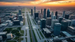 Aerial view of Atlanta skyline with Hartsfield-Jackson International Airport runways, modern glass skyscrapers reflecting sunset light, golden hour photography