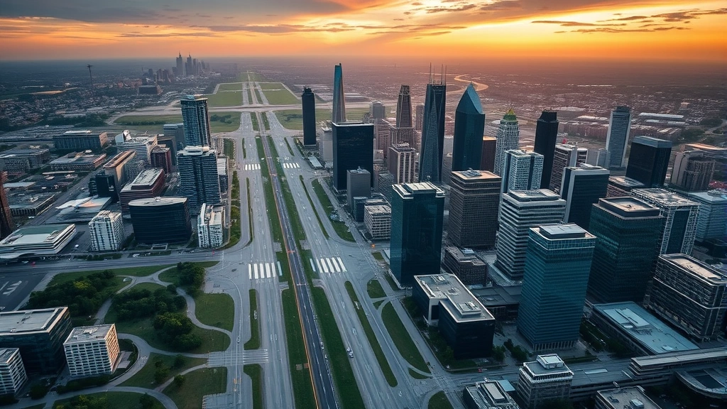 Aerial view of Atlanta skyline with Hartsfield-Jackson International Airport runways, modern glass skyscrapers reflecting sunset light, golden hour photography