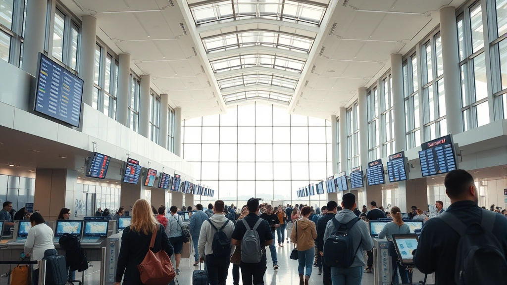 Interior of modern airport terminal with travelers checking in at ticket counters, bright natural lighting from large windows, departure boards displaying flight information, busy but organized atmosphere