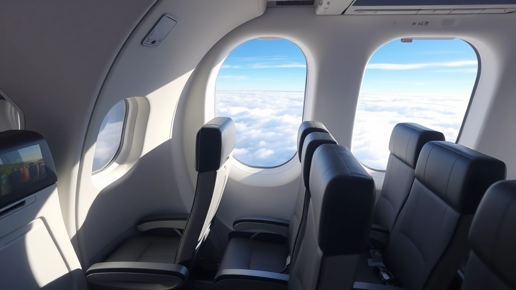 Inside modern aircraft cabin with empty seats, window showing clouds and blue sky during flight, natural daylight streaming through airplane windows