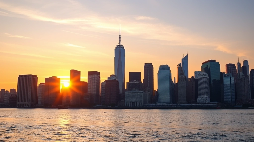 Manhattan skyline at sunset with Empire State Building and One World Trade Center prominent, Hudson River in foreground reflecting golden hour light, photorealistic cityscape from New Jersey side