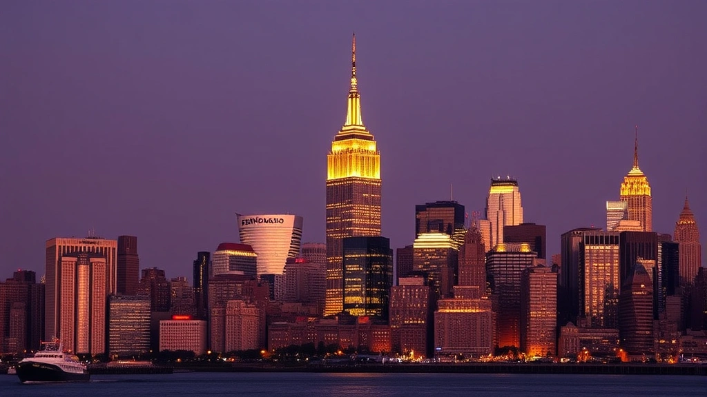 Iconic New York City skyline with Empire State Building and Manhattan towers, viewed from across the Hudson River, golden hour lighting, vibrant urban landscape