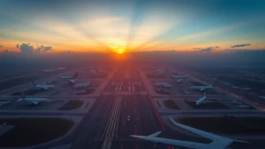 Aerial view of Atlanta Hartsfield-Jackson International Airport at sunrise with runway lights and commercial aircraft taxiing, capturing the bustling hub atmosphere