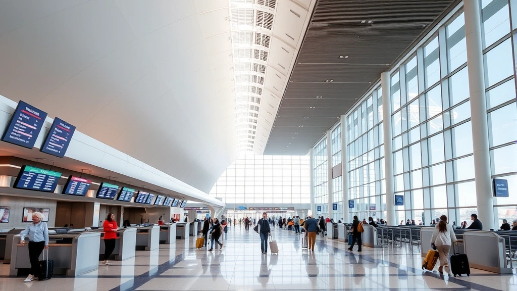 Modern Newark Liberty International Airport terminal interior showing check-in counters, departure boards, and travelers with luggage in contemporary architectural setting