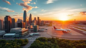 Aerial view of Atlanta's skyline with Hartsfield-Jackson International Airport runways visible, featuring modern glass buildings reflecting sunrise light, commercial aircraft on tarmac, lush green vegetation surrounding the airport infrastructure