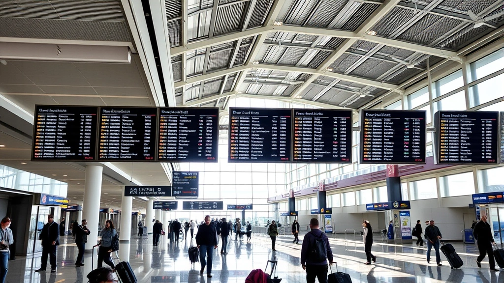 Airport terminal interior showing departure boards with flight information, modern architecture with natural light streaming through large windows, travelers checking luggage and moving through spacious concourse, digital displays showing various flight destinations