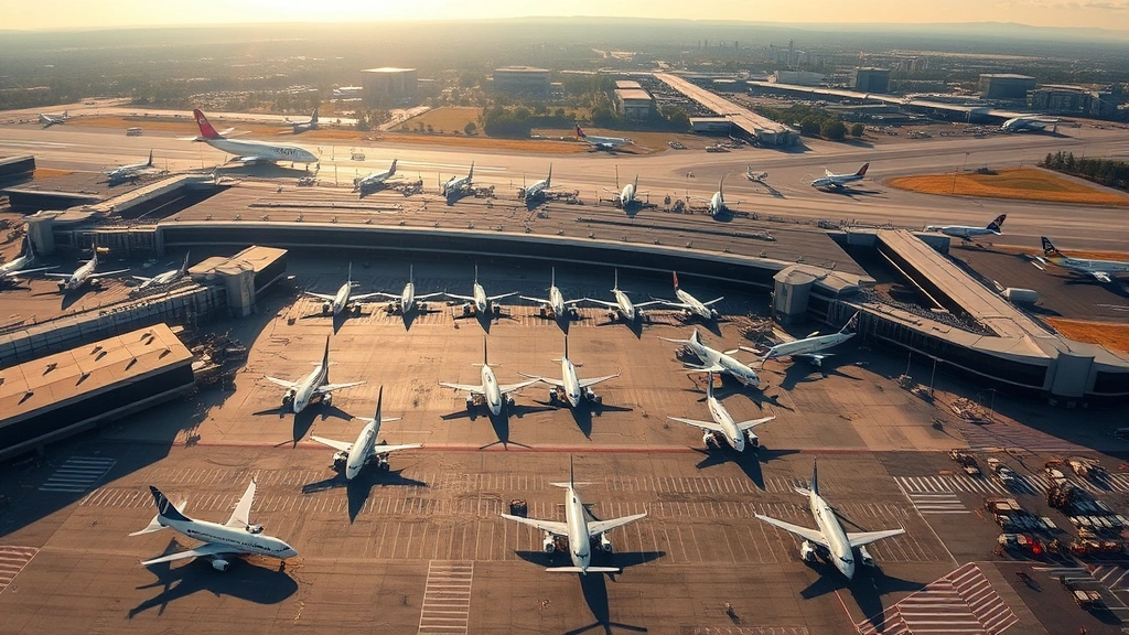 Aerial view of Hartsfield-Jackson Atlanta International Airport with aircraft at gates, morning sunlight, bustling tarmac with multiple planes, dynamic aviation hub scene