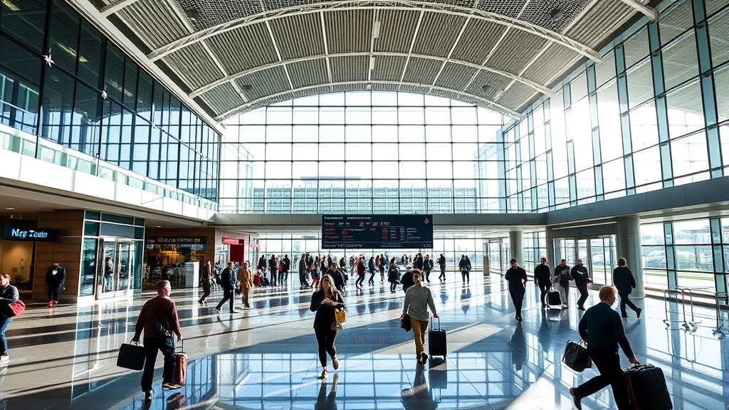 Hartsfield-Jackson Atlanta International Airport modern terminal with bright natural light, travelers walking with luggage, contemporary architecture with glass and steel elements, vibrant atmosphere, professional travel photography