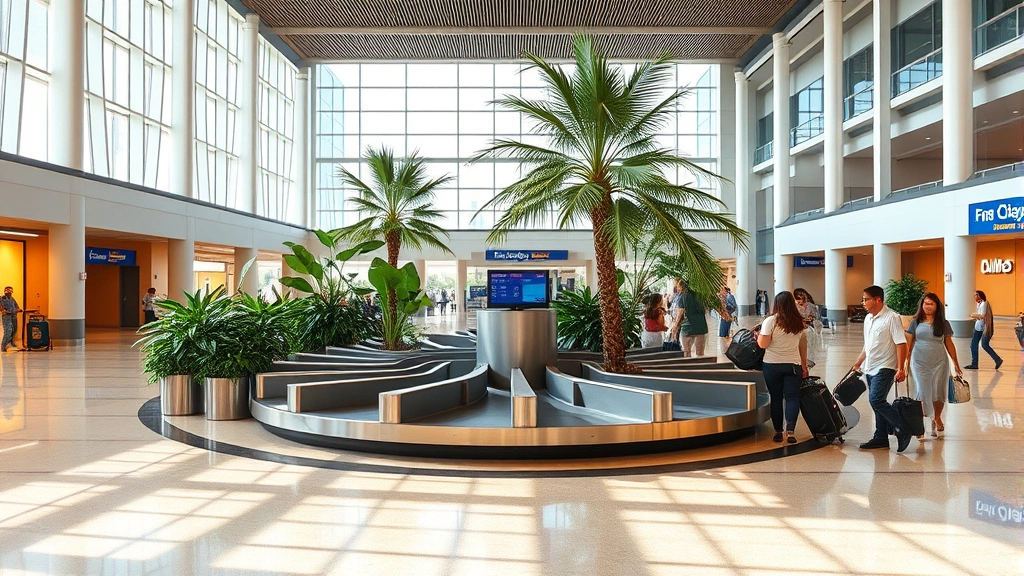 Tampa International Airport baggage claim area with carousel, tropical plants and natural lighting, modern airport interior design, passengers collecting luggage, warm Florida aesthetic with contemporary architecture