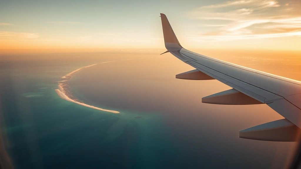 Aerial view of airplane wing over Florida coastline showing blue waters, white sandy beaches near Tampa Bay, Gulf of Mexico horizon, golden hour lighting, photorealistic travel perspective from aircraft window