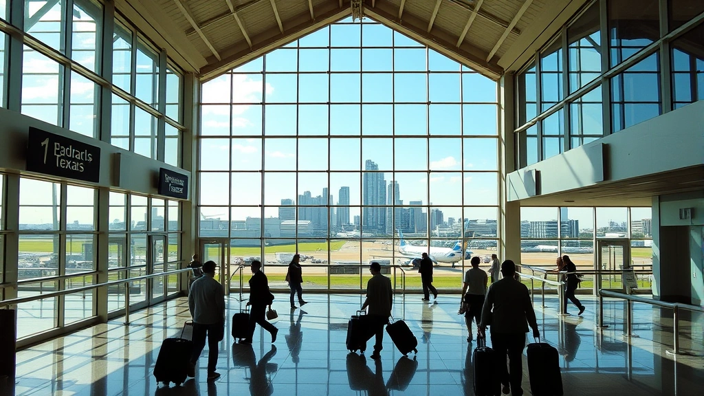 Austin-Bergstrom airport departure hall with modern architecture, natural light streaming through windows, travelers with luggage moving through terminal, vibrant Texas cityscape visible through glass