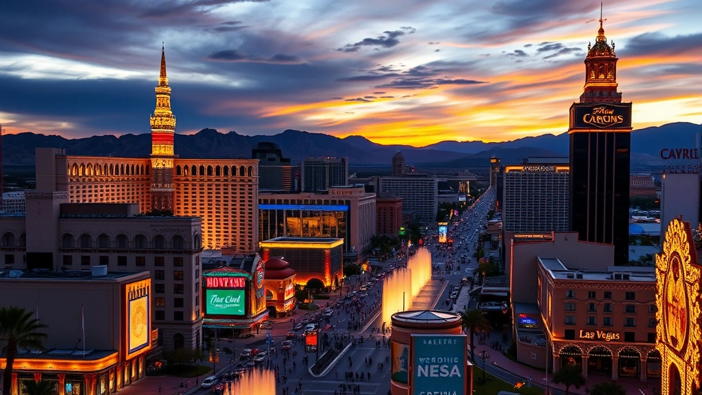Las Vegas Strip at golden hour with iconic hotel-casinos, neon signs glowing, desert landscape in background, bustling street scene with visitors, fountain displays, dramatic sky