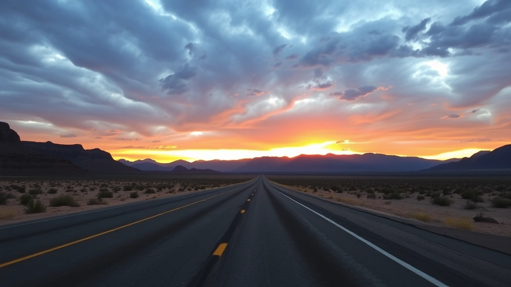 Desert highway stretching toward distant mountains at sunset, open road perspective, Arizona-Nevada landscape, dramatic clouds, travel adventure atmosphere, no visible vehicles or signs