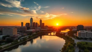 Aerial view of Austin skyline at sunset with Colorado River reflecting golden light, modern buildings and green spaces visible, photorealistic