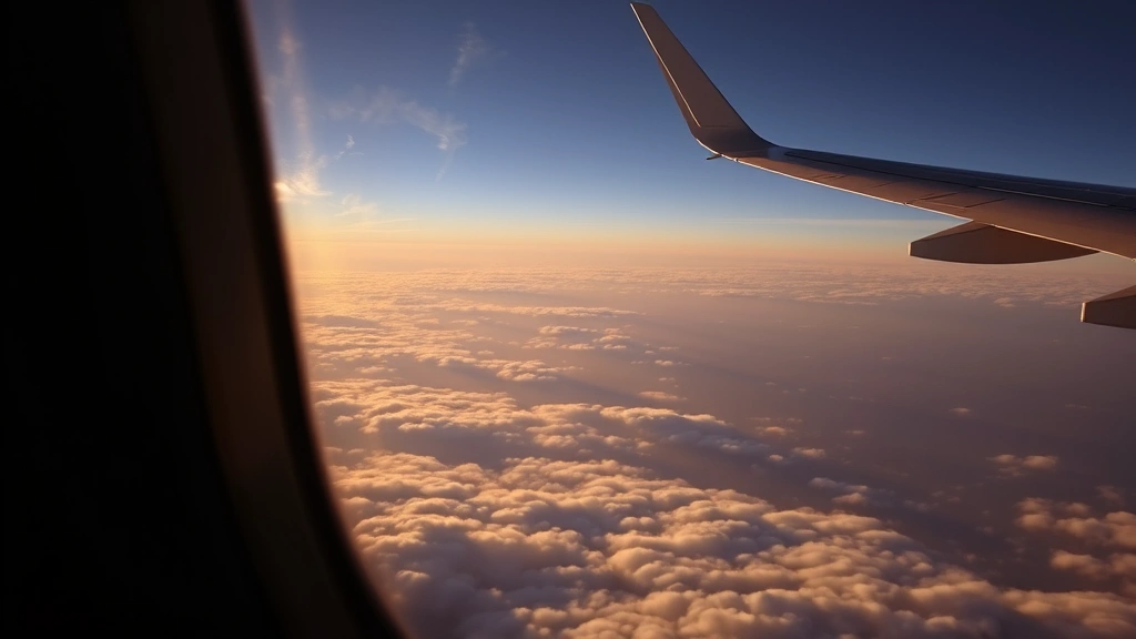 Commercial airplane window view during flight over landscape with clouds below, wing visible, golden hour lighting, peaceful travel scene