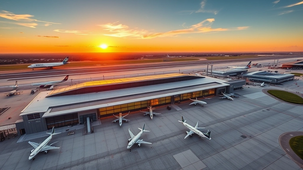 Aerial view of modern Austin-Bergstrom International Airport terminal with aircraft parked at gates during golden hour, showing runway infrastructure and Texas landscape in background, photorealistic, vibrant natural lighting