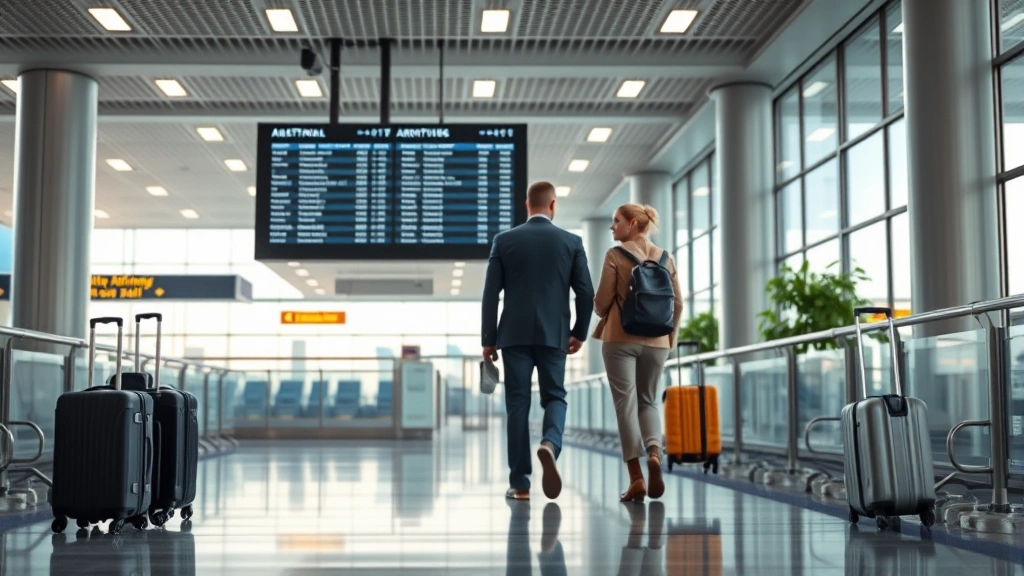 Professional business traveler at Austin airport gate area with luggage, checking flight information on digital display board, modern airport interior with natural light, peaceful travel atmosphere, photorealistic