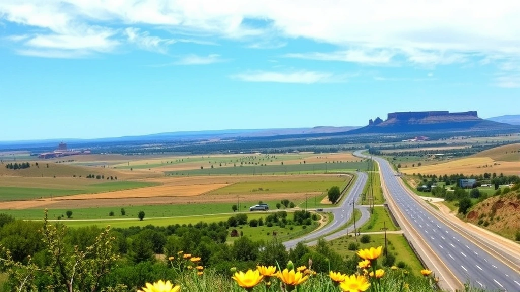 Panoramic landscape photo of Interstate 35 corridor between Austin and Dallas stretching through central Texas countryside with rolling hills, wildflowers, and clear blue sky, showing the scenic drive route, photorealistic