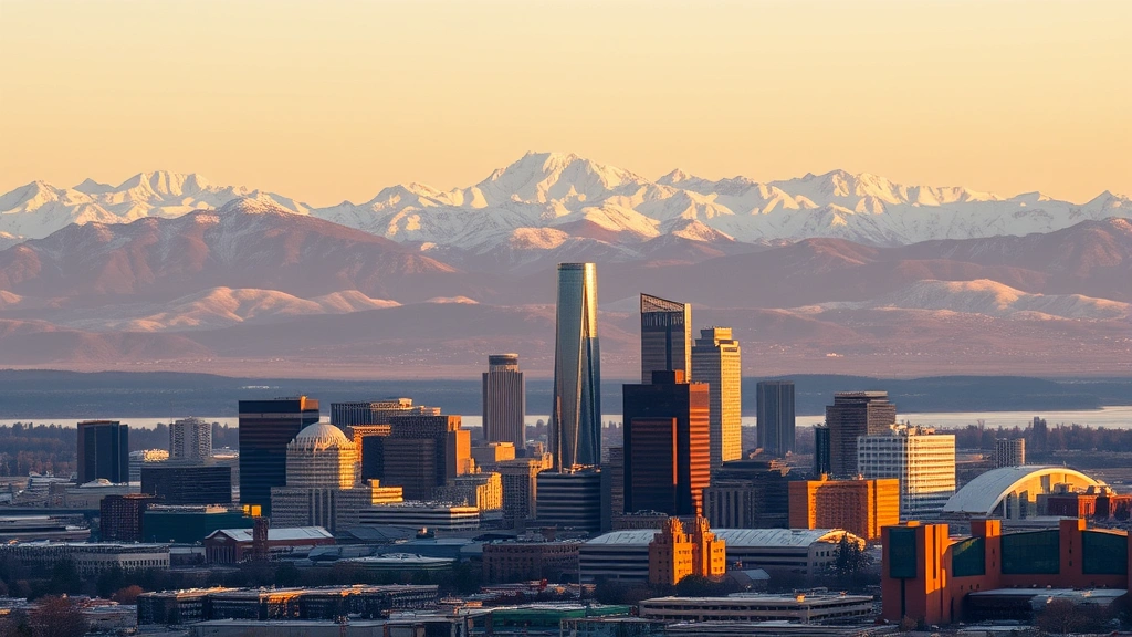 Aerial view of Denver skyline with snow-capped Rocky Mountains in background, modern city skyline with skyscrapers, golden hour lighting, photorealistic landscape photography