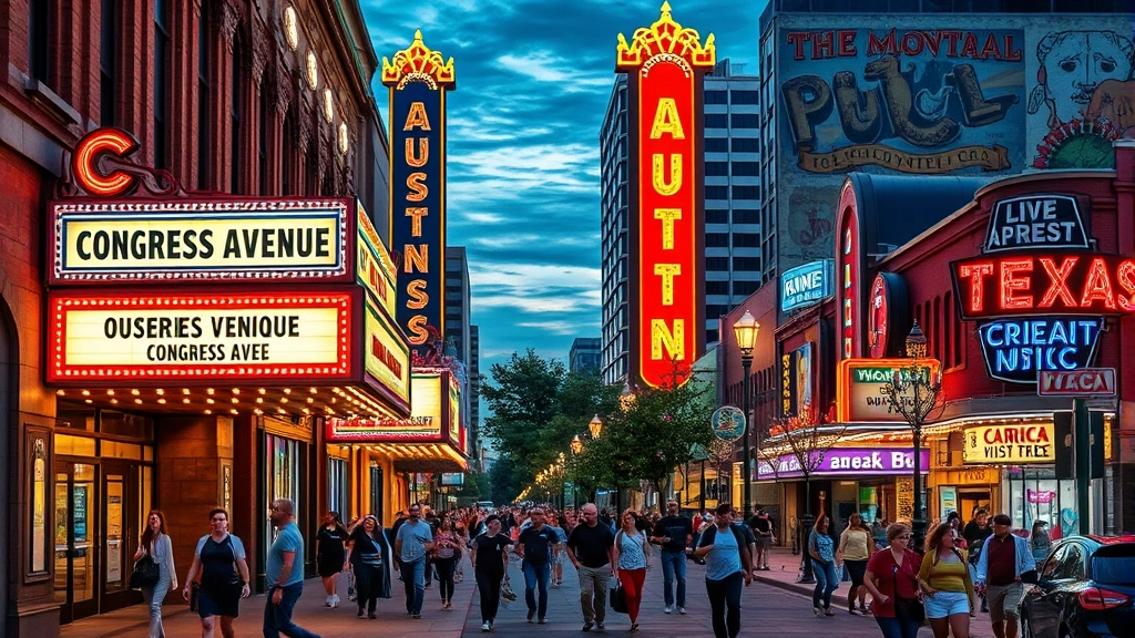 Austin Congress Avenue street scene with live music venue marquees, vibrant Texas street art, bustling pedestrians, colorful evening atmosphere, photorealistic urban photography