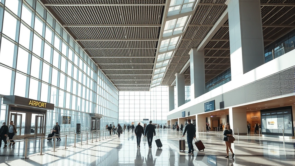 Denver International Airport modern terminal interior with travelers with luggage, natural light streaming through architecture, contemporary airport design, photorealistic travel photography