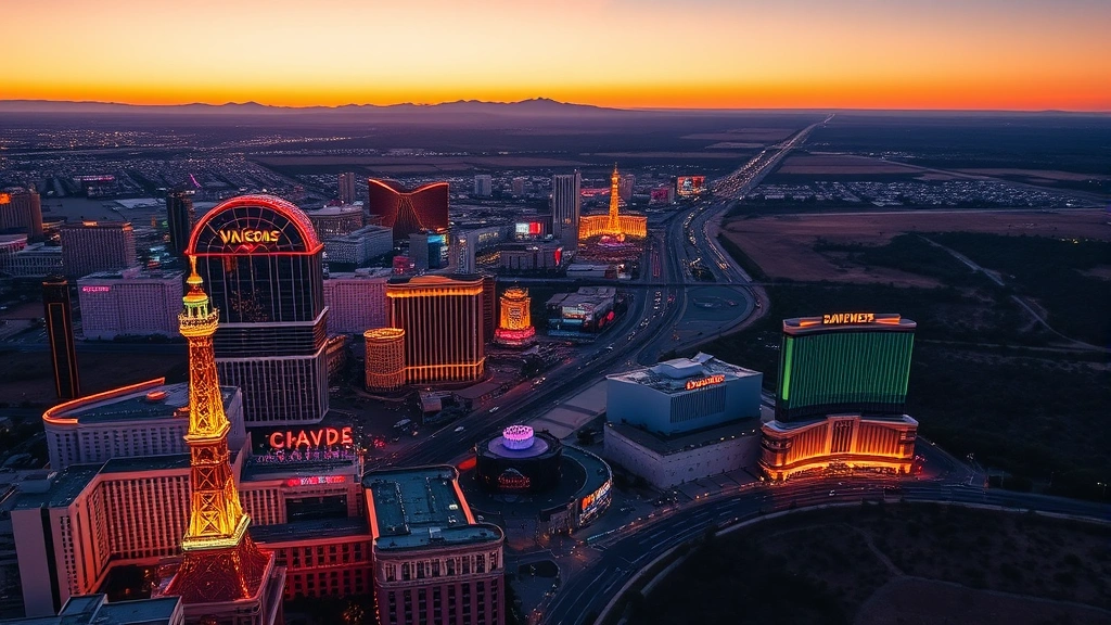 Aerial view of Las Vegas strip at sunset with bright neon lights and desert landscape, vibrant cityscape photography from above