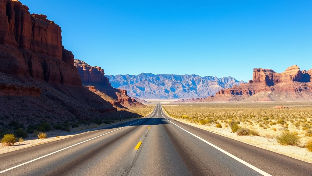 Desert highway stretching toward Las Vegas with mountains in distance, scenic southwestern landscape with clear blue sky